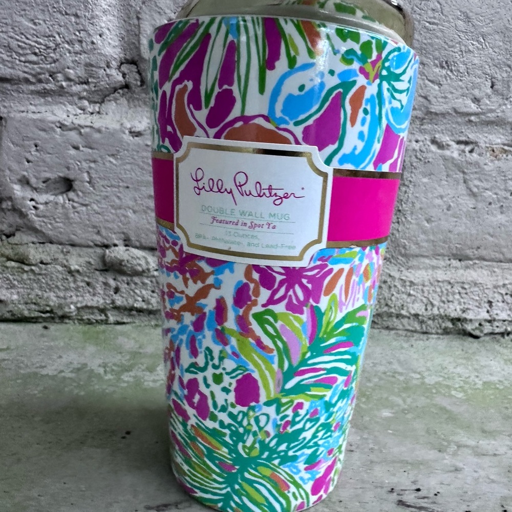 Lilly Pulitzer Pink Green Aqua Blue Floral Coffee Travel Mug & Gold Lid A14 NWT - Picture 3 of 10